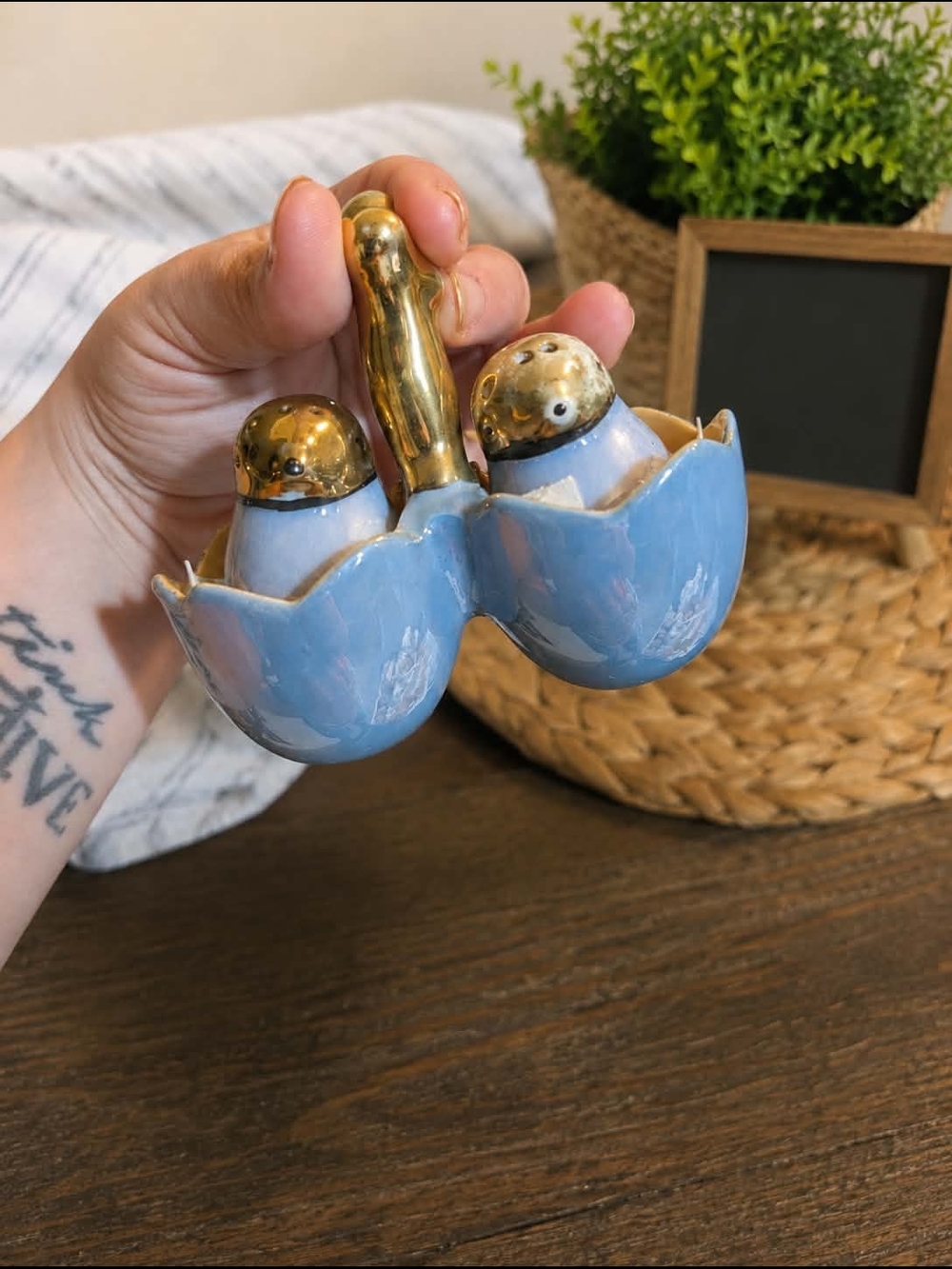 Unique Vintage Blue Ceramic Eggshell Salt & Pepper Set with Gold Handle